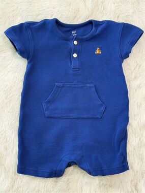 GAP Royal Blue Knit Baby Romper with Teddy Embroidery